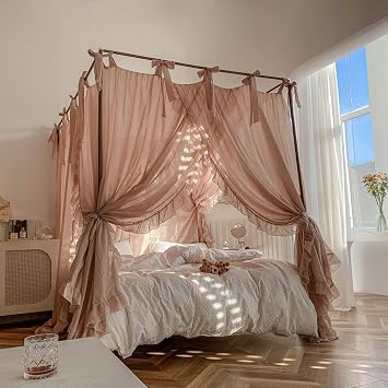 AETVRNI 6.6 Pounds Canopy Bed Curtains for King Size Bed Frame, 86.6Lx78.7Wx80.7H, 3 Openings,Ruffled Edge Design King Size Canopy for Adults,Light Brown