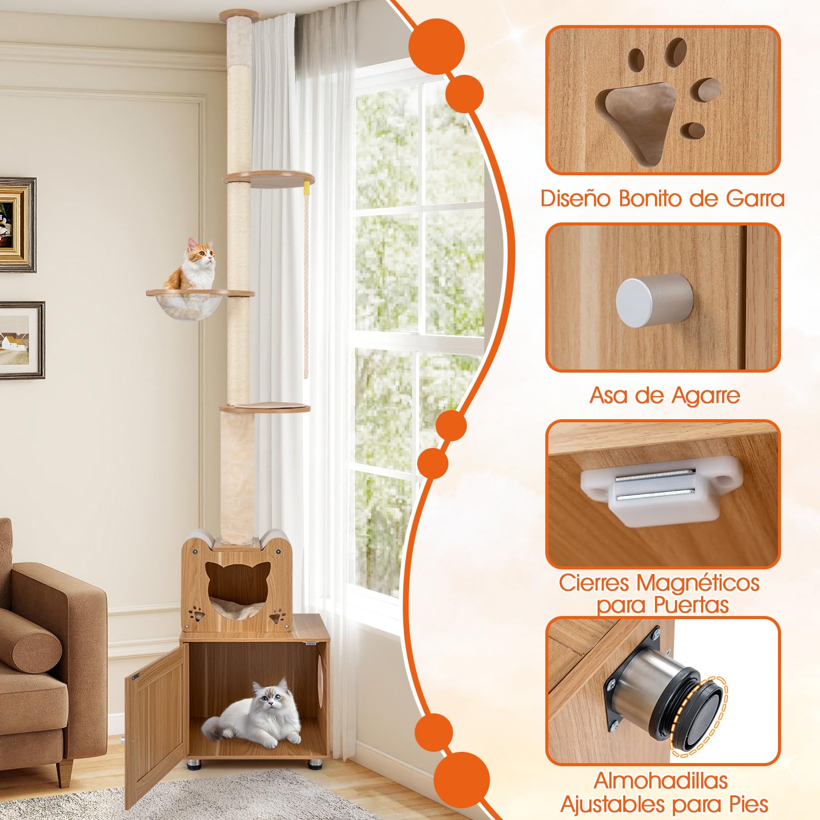 COSTWAY Árbol de Gato de Piso a Techo para Gatos de Interior, 256-275 cm Altura Ajustable, Torre Rascador Gato con Caja de Arena, Cápsula Espacial, Condominio, Postes de Sisal, Plataformas Multinivel