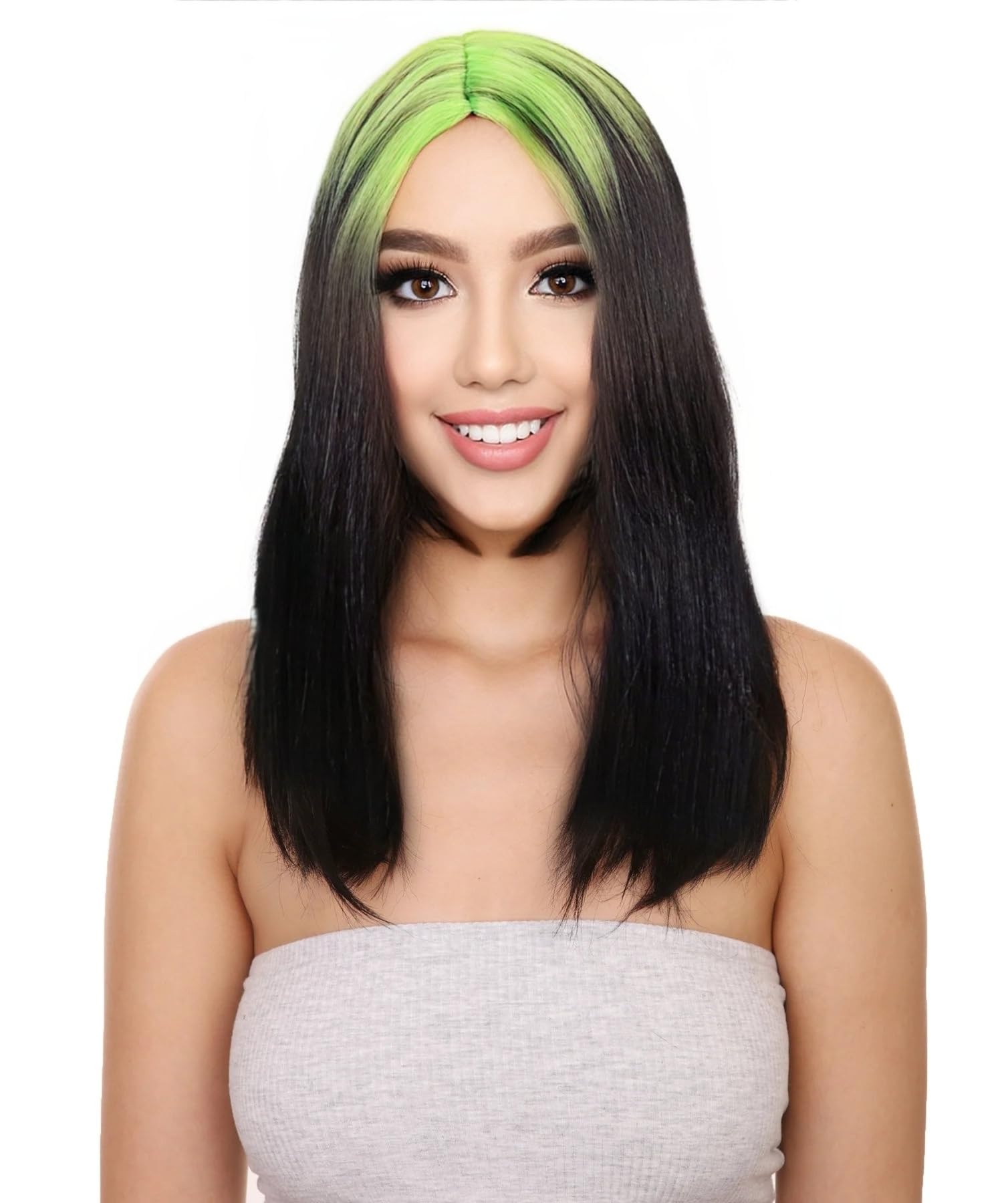 BC GOODS BY Women's Edgy Black Mullet Wig with Neon Green Roots – 19'' Retro 70s 80s Popstar Cosplay Hair – Choppy Bangs Halloween Party Costume Wig