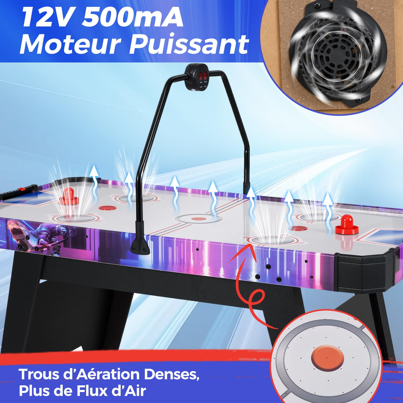 COSTWAY Table de Hockey à Air avec Marqueur Électronique LED & Ventilateur 12V, Table de Jeu Compact de 144cm avec 2 Palets & 2 Poussoirs, Coussinet Réglable, Air Hockey pour Adultes et Enfants