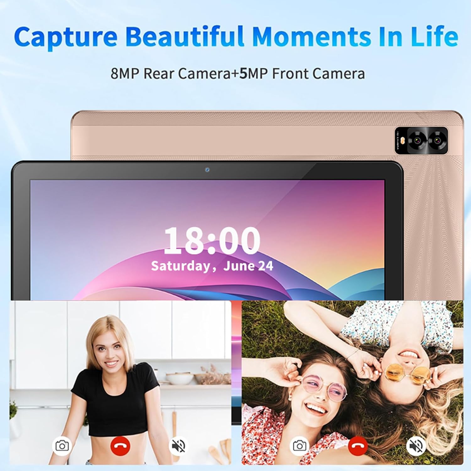 viqee TAB18 Tablet showing camera features and example nuotraukos