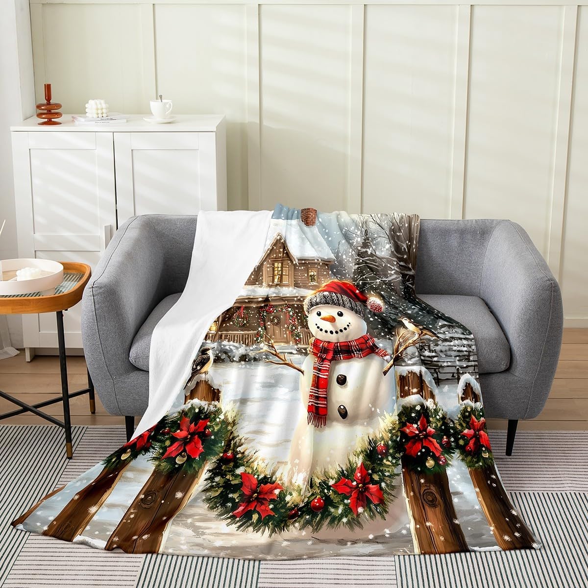 Cute Snowman Fleece Throw Blanket Soft Cozy Christmas Eve Flannel Blanket for Kids Women Adults Snowhouse Plush Blanket Snow Scene Fuzzy Blanket for Sofa Bed Couch(60x80 Inches)