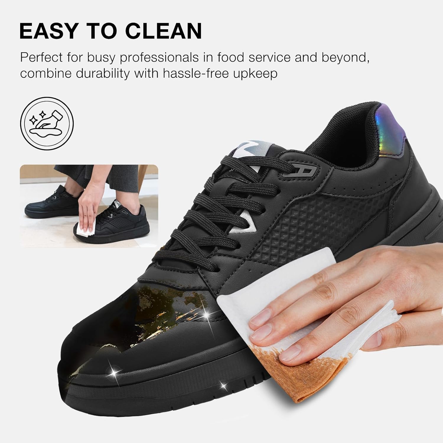 SPIEZ Non Slip Work Shoes for Men Women, Slip & Oil Resistant Food Service Shoes, Lightweight Reflective Deign Kitchen Sneakers - Restaurants Floor to Streetwear Ready, Black US 4.5-13.5