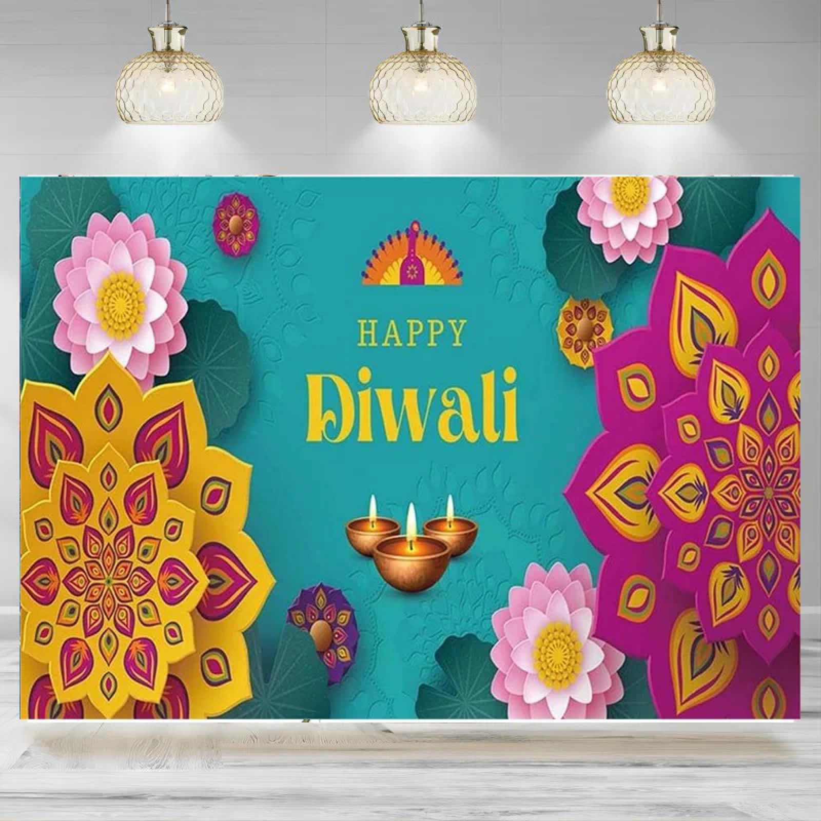 Happy Diwali tło, festiwal świateł, dekoracje imprezowe, światła Diwali, diyas, baner imprezowy, tło fotograficzne 440 x 300 cm