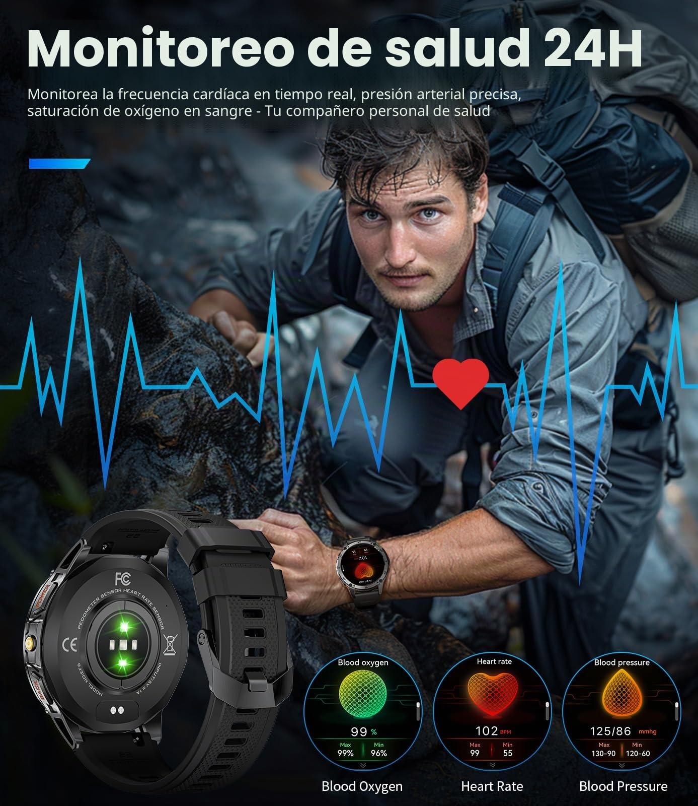 Reloj Inteligente Hombre, Llamadas Bluetooth, Pantalla AMOLED HD de 1,43", Linterna LED, 110+ Modos Deportivos, Monitor de Ritmo Cardíaco/Sueño/IP68, Compatible con Android iOS, Negro