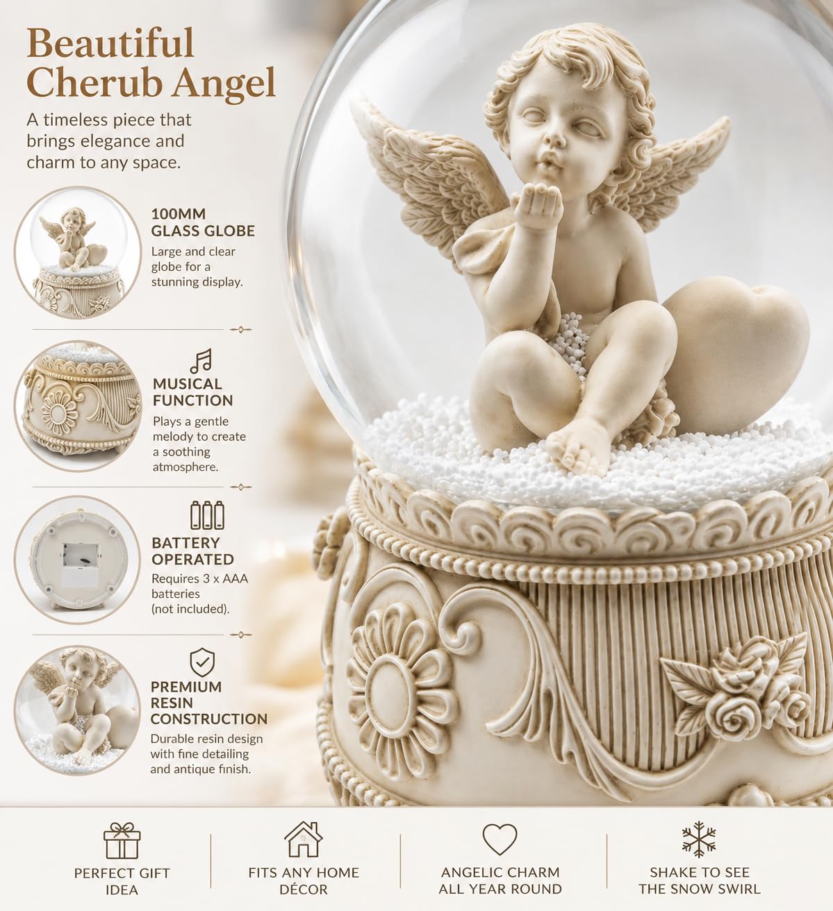 Angelic Musical - Palla di neve da 100 mm, funzionamento a batteria con intricata statuetta di angelo, richiede 3 batterie AAA (non incluse) (design A)