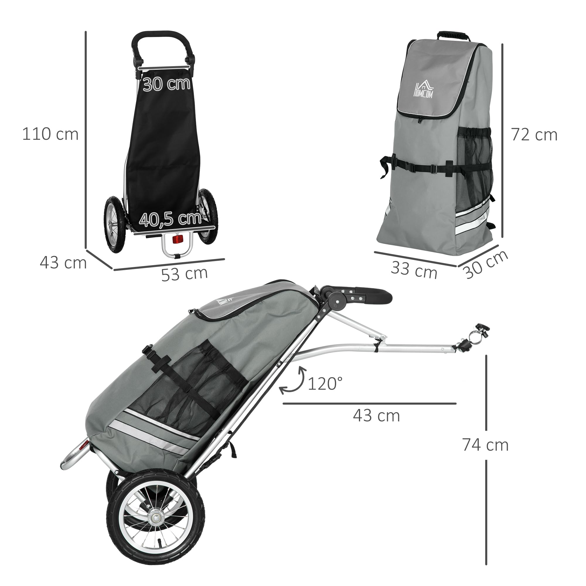 HOMCOM 2 in 1 Lastenanhänger Fahrradanhänger Grau+Silber 53x43x110 cm | Einkaufstrolley, Transportanhänger, mit Verbindungsschellen für Fahrradkupplung, 24,3 kg Max, 55 L, Alu+Oxford