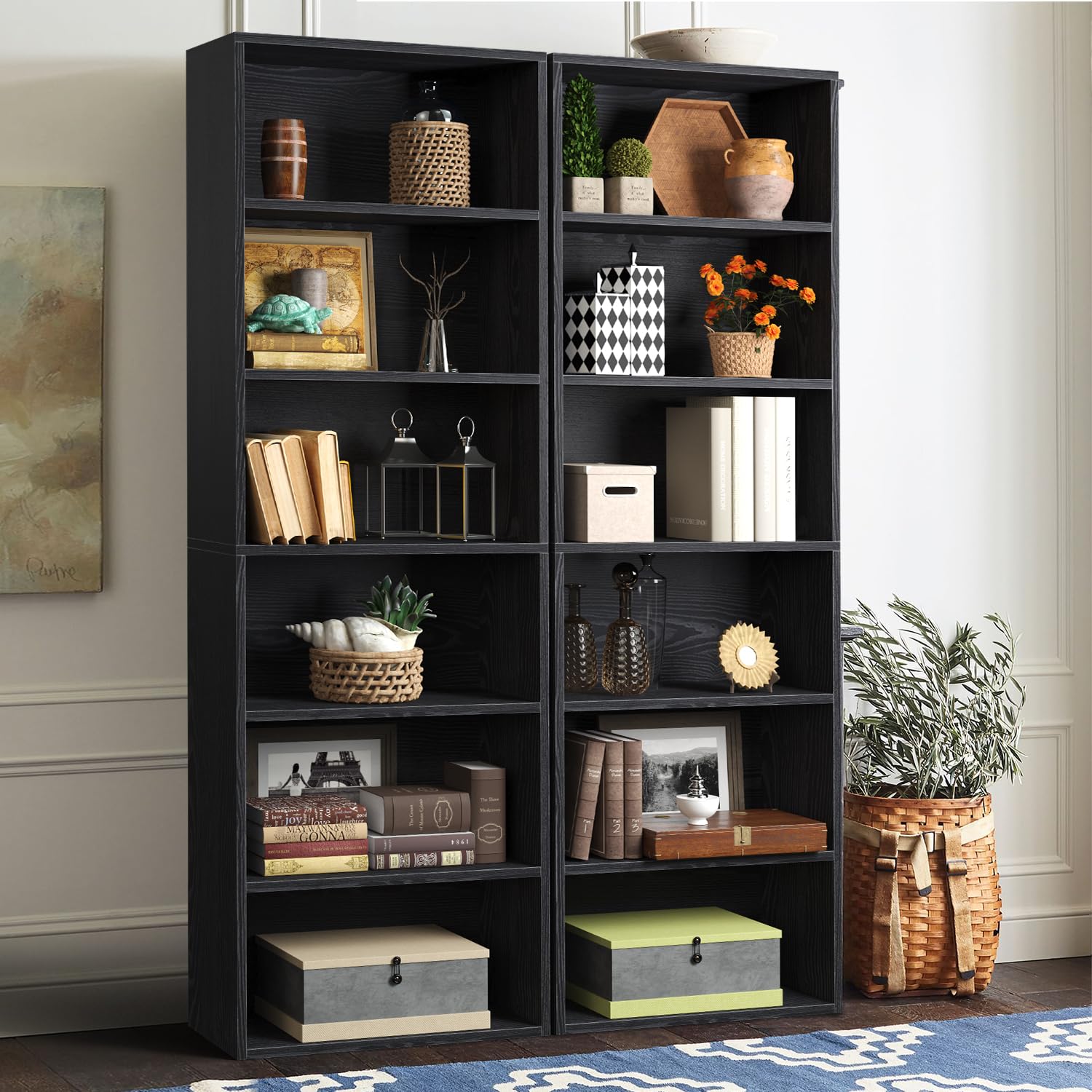 oneinmil Bücherregal und Bücherregal mit 6 Regalen, bodenstehendes hohes Bücherregal, offenes Display-Aufbewahrungsregal, dekorative Möbel, geeignet für Heimbüros, Wohnzimmer und Schlafzimmer, Schwarz