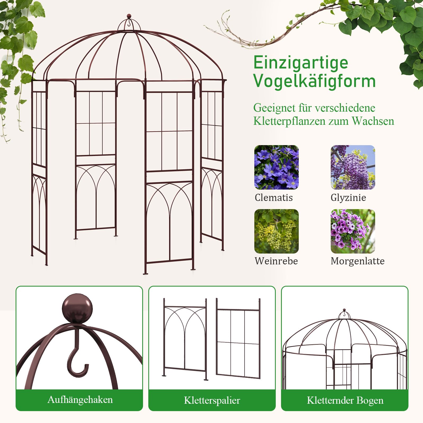 GOPLUS Rosenbogen aus Metall, Gartenbogen stabil mit Rankgitter für Kletterpflanzen & Hochzeit, 211x211x256cm Rosenpavillon Torbogen Rankbogen wetterfest für Garten & Hinterhof