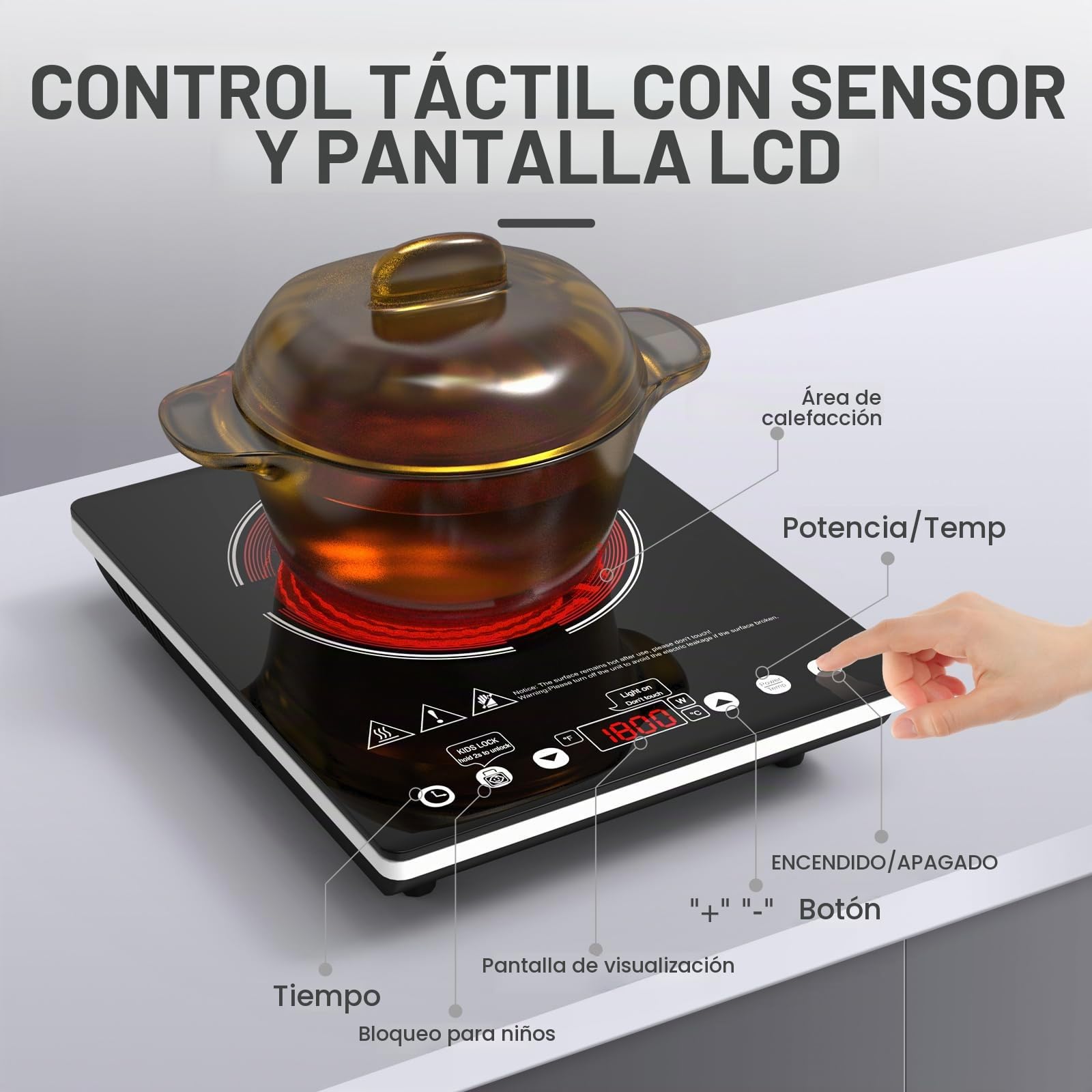 Placa Vitrocerámica Portátil 2000W, Hornillo Eléctrico de 1 Fuego Compatible con Todas las Ollas - Placa de Cocina con Temporizador y Seguridad, para Autocaravana, Camping y Estudio