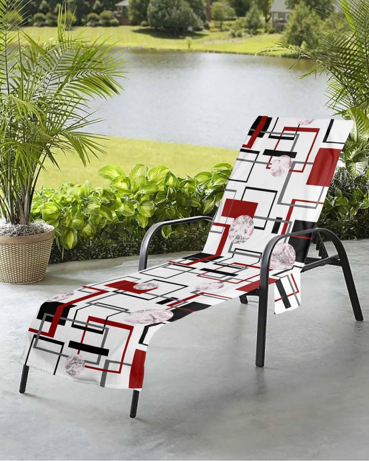 Abstract Red Beach Chair Towel Covers for Chaise Lounge with Side Pocket, Soft Plush Pool Towels Cover for Patio Sunbathing Outdoor 29''x85'' Geometric Black Grey Modern Marble