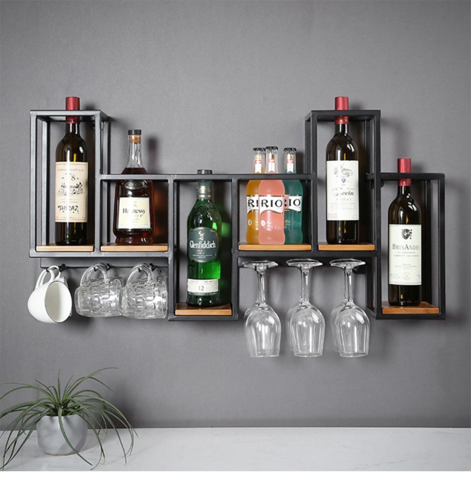 Estantería de Botellas de Vino, Botellero de Hierro de Estilo Industrial, Enfriador de Vino Montado En La Pared con Botelleros Botellero de Almacenamiento Multifuncional