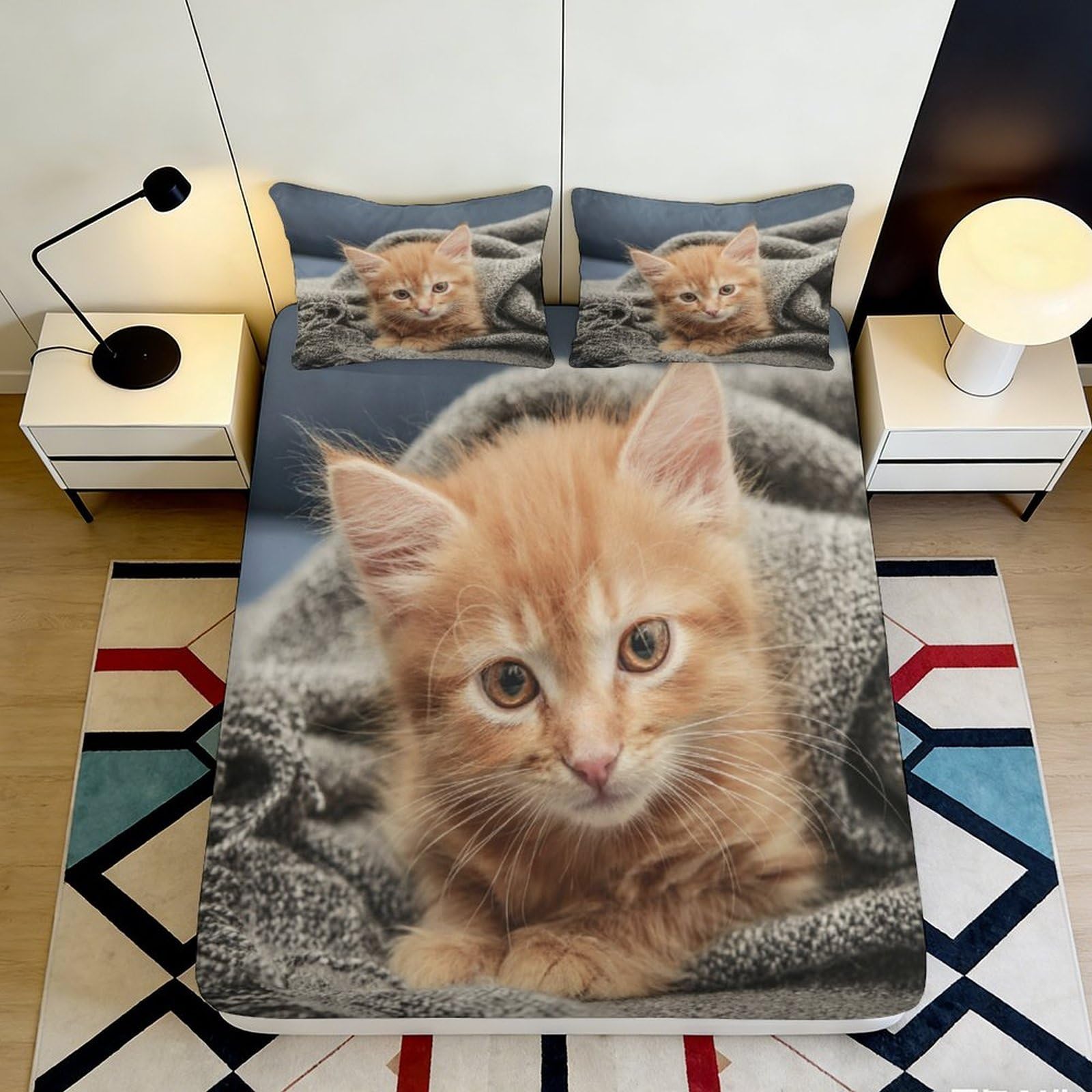 Dhbaneiok Style-9 3D Printed Orange Kitten Fitted Sheet Microfiber Soft Bedroom Decor Cat Blanket Mattress Cover For Adults Teens 90X200x25cm