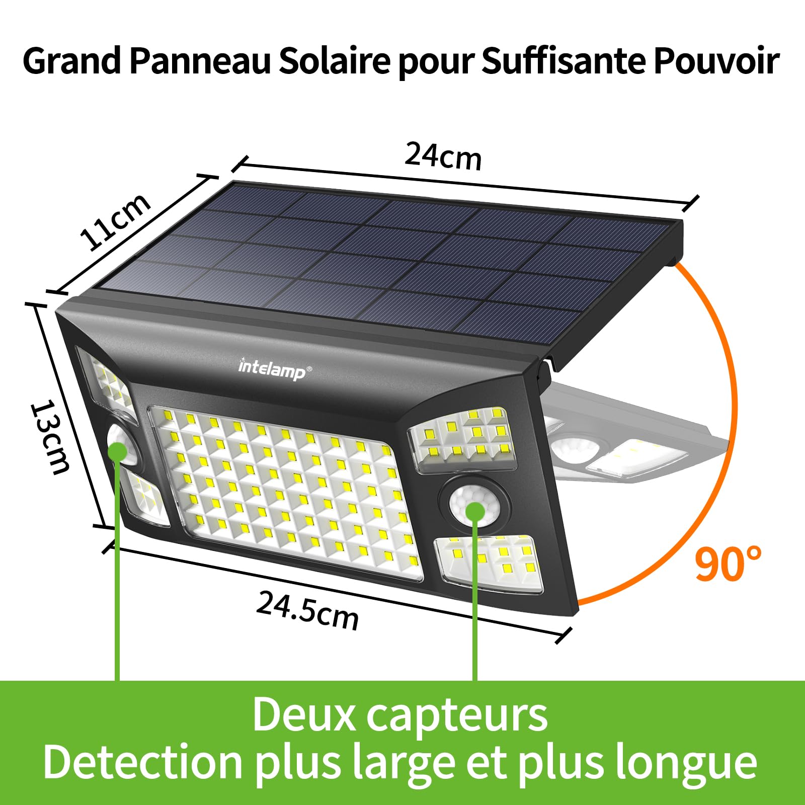 intelamp Lampe Solaire 4000mAh 1300LM 3 Modes Double Capteur Étanche IP65 | Éclairage solaire extérieur haute luminosité, 3 modes lumineux, batterie 4000mAh adapté au jardin, garage et allée