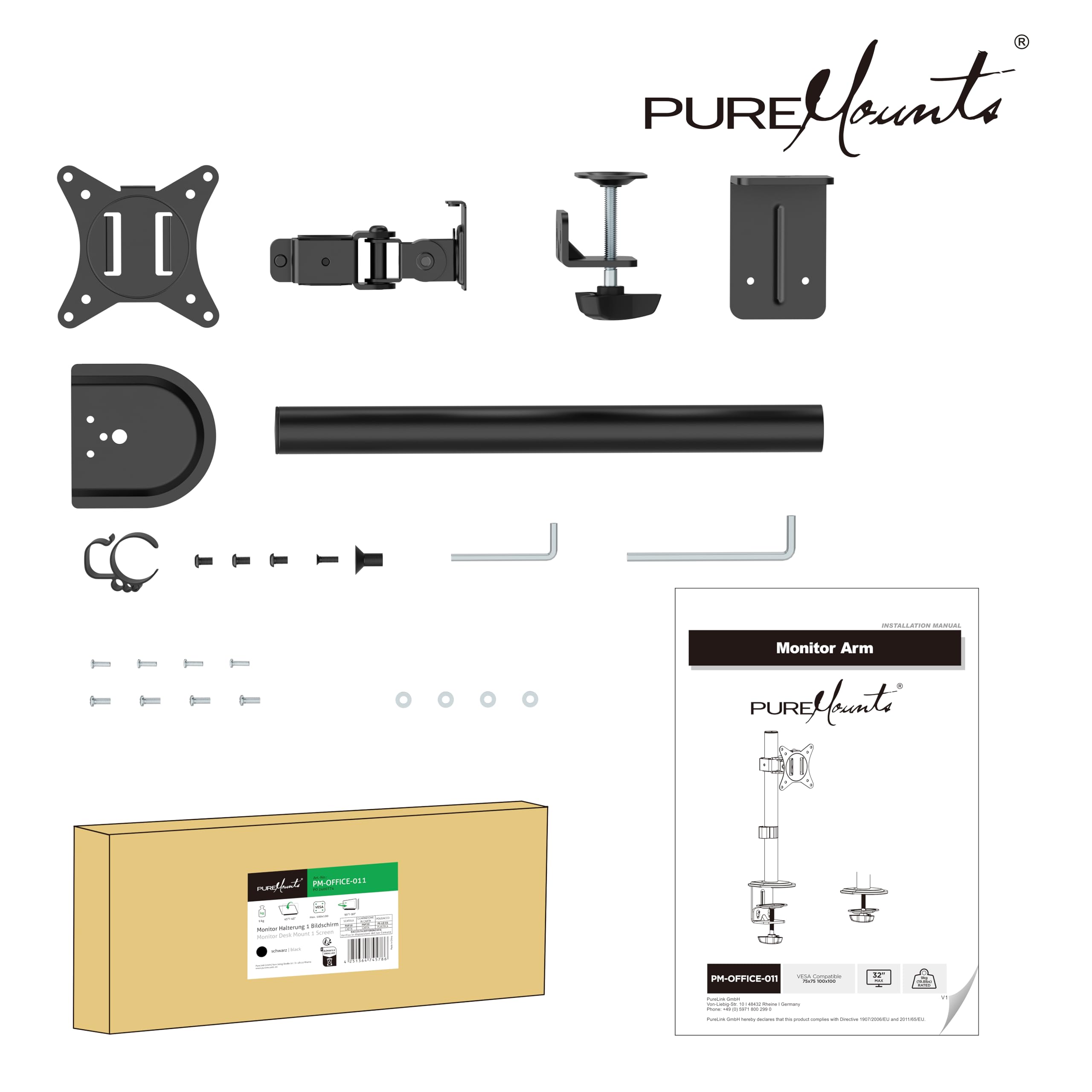 PureMounts Support de Moniteur, Support de Moniteur pour 1 écran, 17 à 32 Pouces, réglable en Hauteur, inclinable, pivotant, VESA 75 et 100, Support de Bureau, Support d'écran, Noir