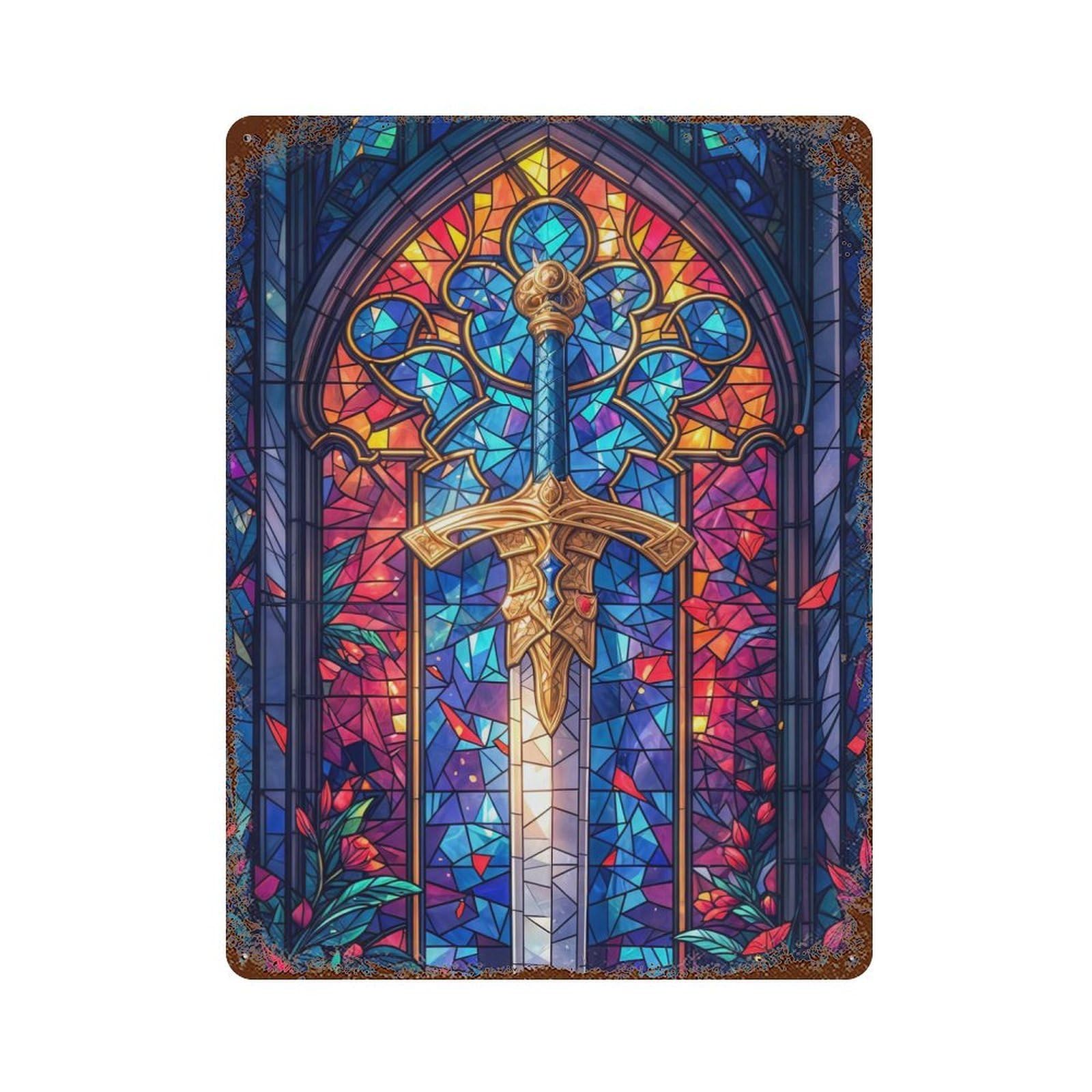 Excalibur Stained Glass Weathered Tin Sign 15.7"x11.8", Classic Wall Plaque for Garage, Bar And Workshop Decor