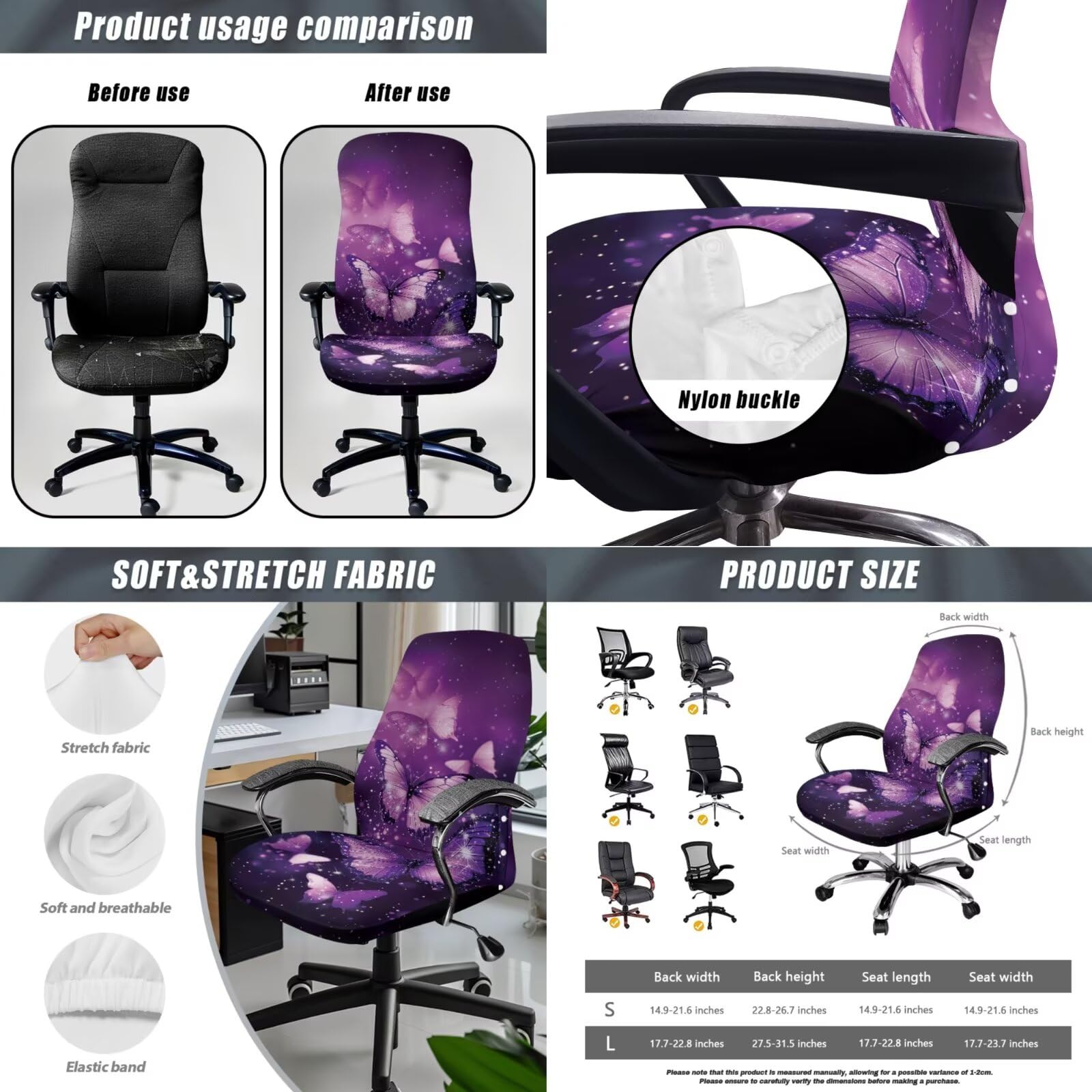 Xoenoiee Housse extensible pour fauteuil de bureau avec accoudoirs, porte-mouchoirs en cuir synthétique et support à distance, motif papillon étincelant, violet, taille S
