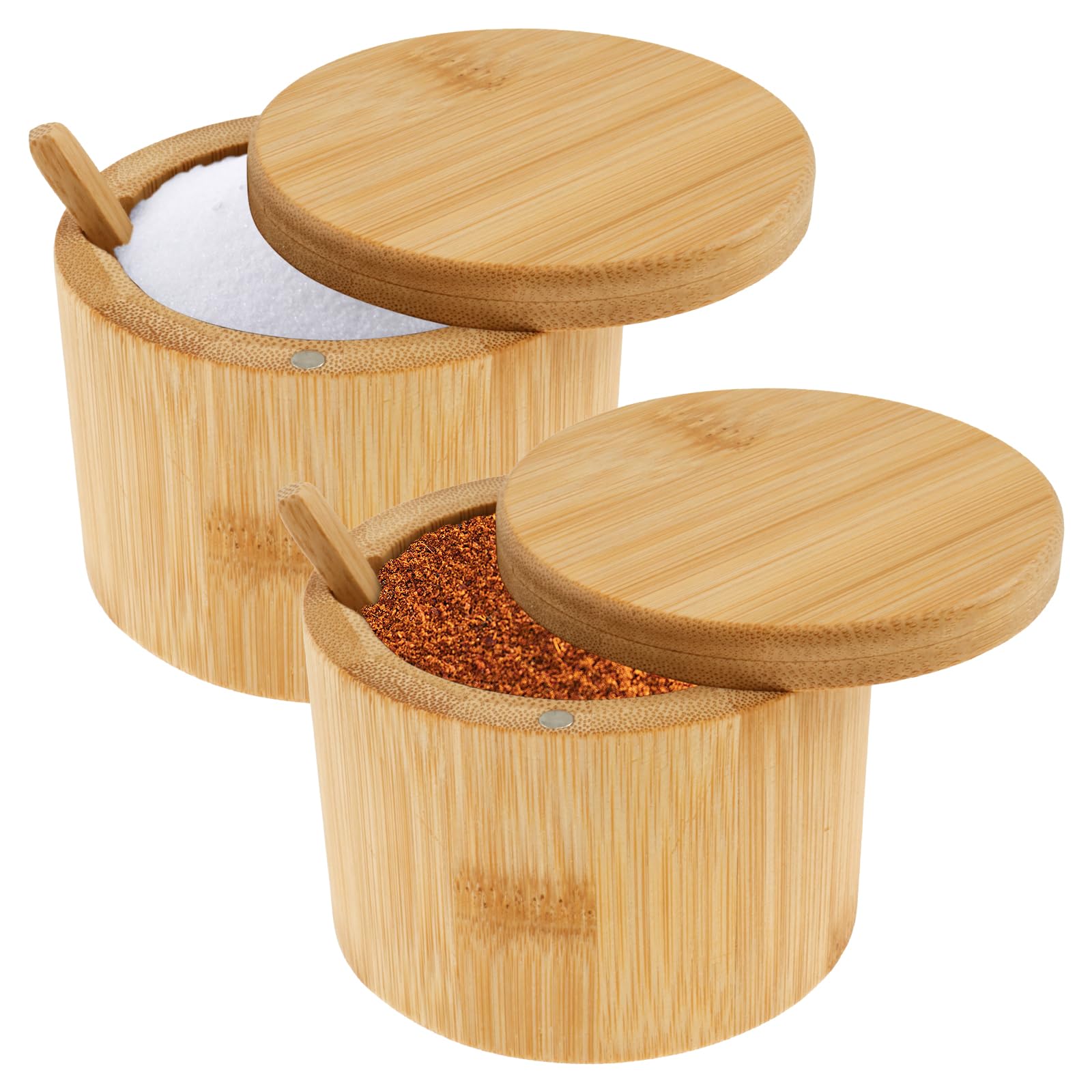 Wameitf Wooden 2Pcs Bamboo Salt Spice Box With Magnetic Swivel Lid, Wide Mouth, 9X9x7cm, Round Salt And Spice Storage Box, Seasoning Pot Bowl Jars, Pepper And Onion Seasoning For Kitchen Countertop