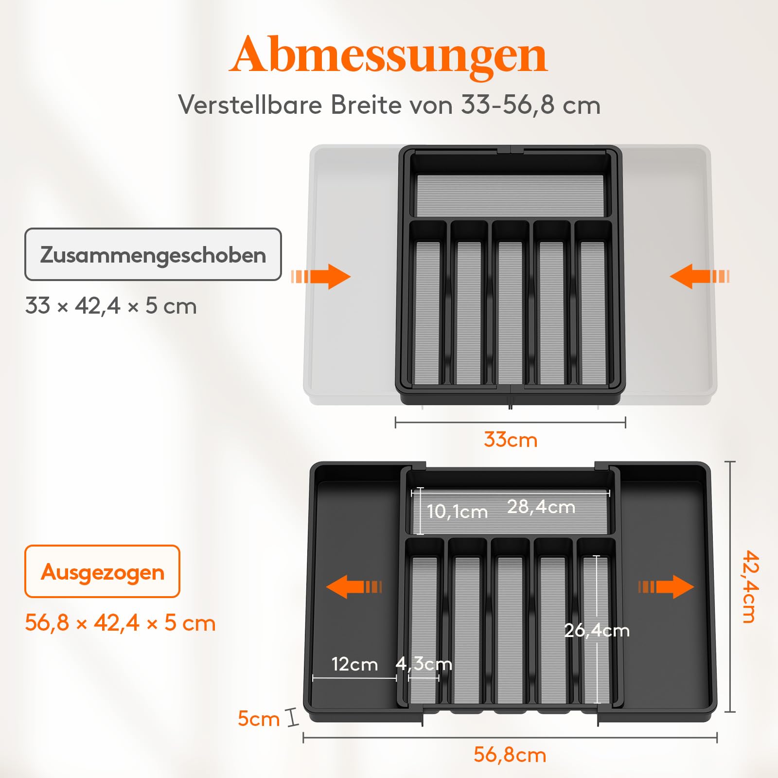 Lifewit Besteckkasten für Schubladen mit Rutschfestes TPR, verstellbarer Kunststoff Organizer Küche Tiefe 42,4 cm, erweiterbar bis 57 cm, Besteckeinsatz für Löffel/Messer, Schwarz & Grau