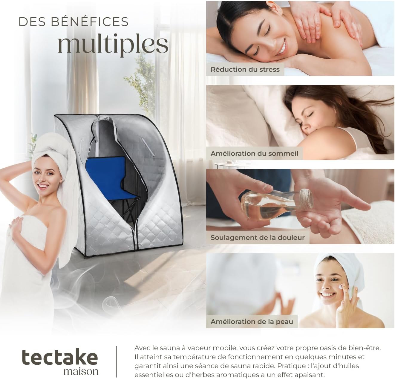 Cross-section diagram illustrating the multi-layer insulation of the TecTake portable steam sauna tent, including waterproof polyester, thick cotton, and Oxford fabric.