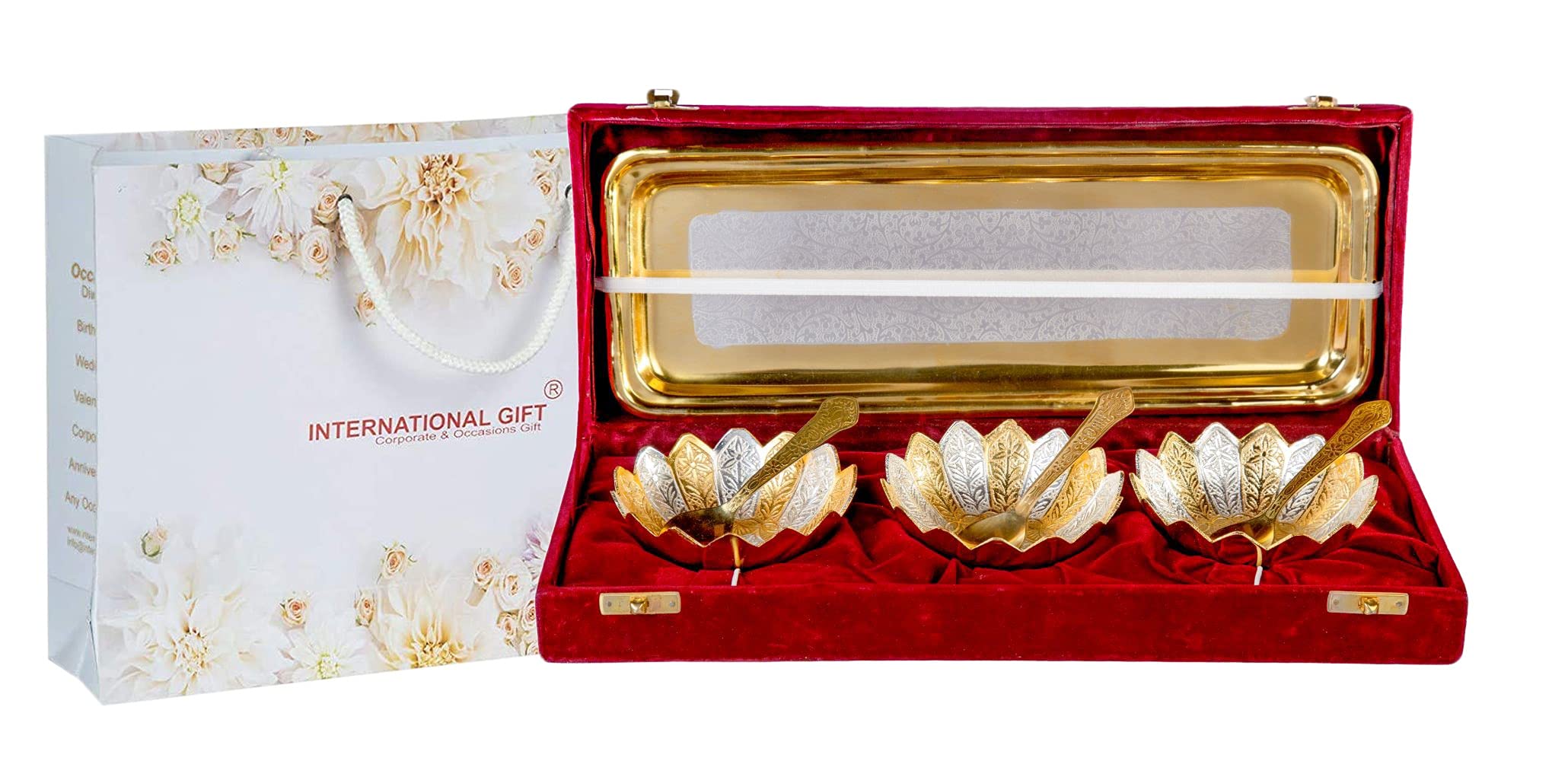 International Gift German Silver Brass Round Bowl Sets with Tray and Spoon with Royal Royal Luxury Velvet Box Packing Used for Dry Fruit, Sweets and Home Decor