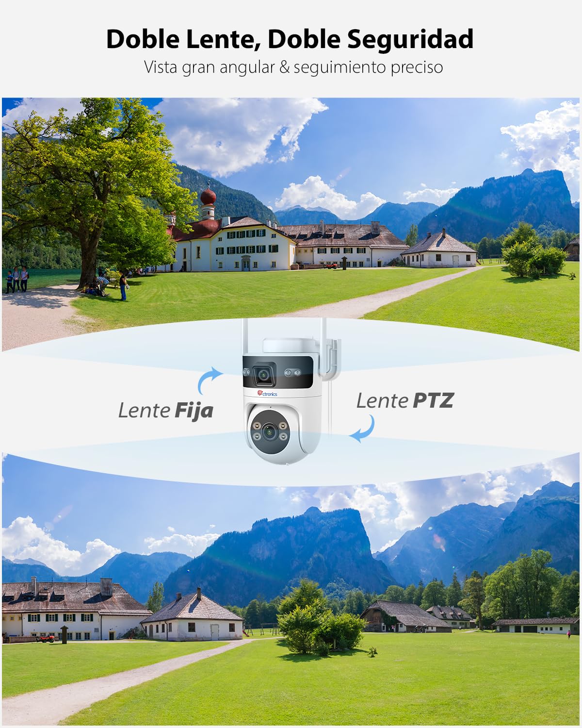 Ctronics Camara Vigilancia WiFi Exterior con Doble Lentes | 2.4/5GHz Cámara IP, PoE Camaras con Detección Humana & Seguimiento Automático, Visión Nocturna Color, PC/Cloud/TF, IP66