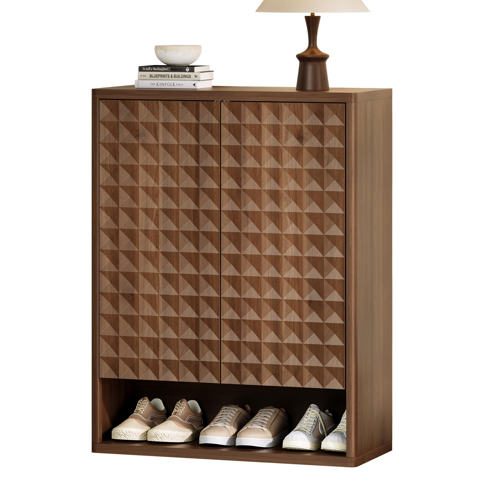 Diagram showing the dimensions of the HOTAMO Shoe Storage Cabinet, including width, depth, and height, with an anti-tipping device illustration.