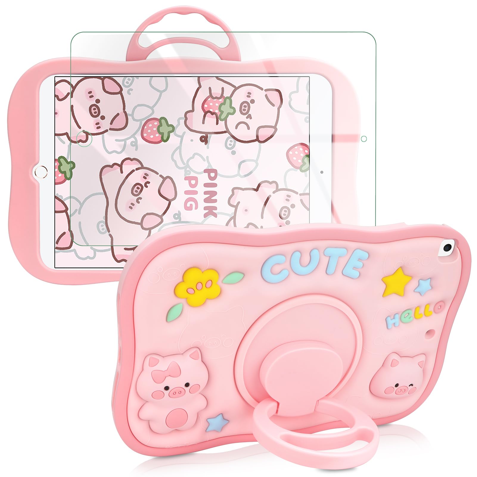 WESADN for iPad 9th Generation Case 8th 7th Generation with Screen Protector 360 Rotating Kickstand for Girls Kids Cute Pig Silicone Tablet Cover for iPad 2021 2020 10.2 inch 9th 8th 7th Gen Pink