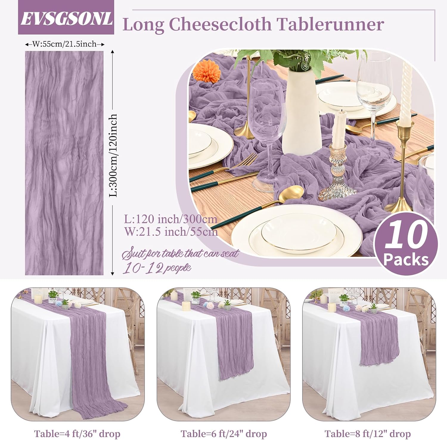 10 Pack Cheesecloth Table Runner Purple,10 ft Gauze Table Runner Long Semi-Sheer Rustic Boho Table Runners for Wedding,Bridal Shower,Party,Banquet Decoration(21.5 x 120 Inch)