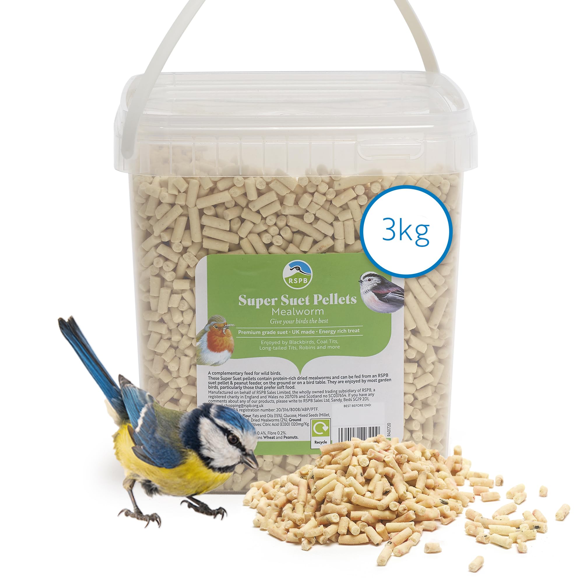 RSPB - Super Suet Pellets, Wild Bird Food for Small Birds, Robins, and Common Garden Breeds, High Energy and Protein with Mealworms, Suitable for Year-Round Feeding, Made in the UK (3kg Tub)