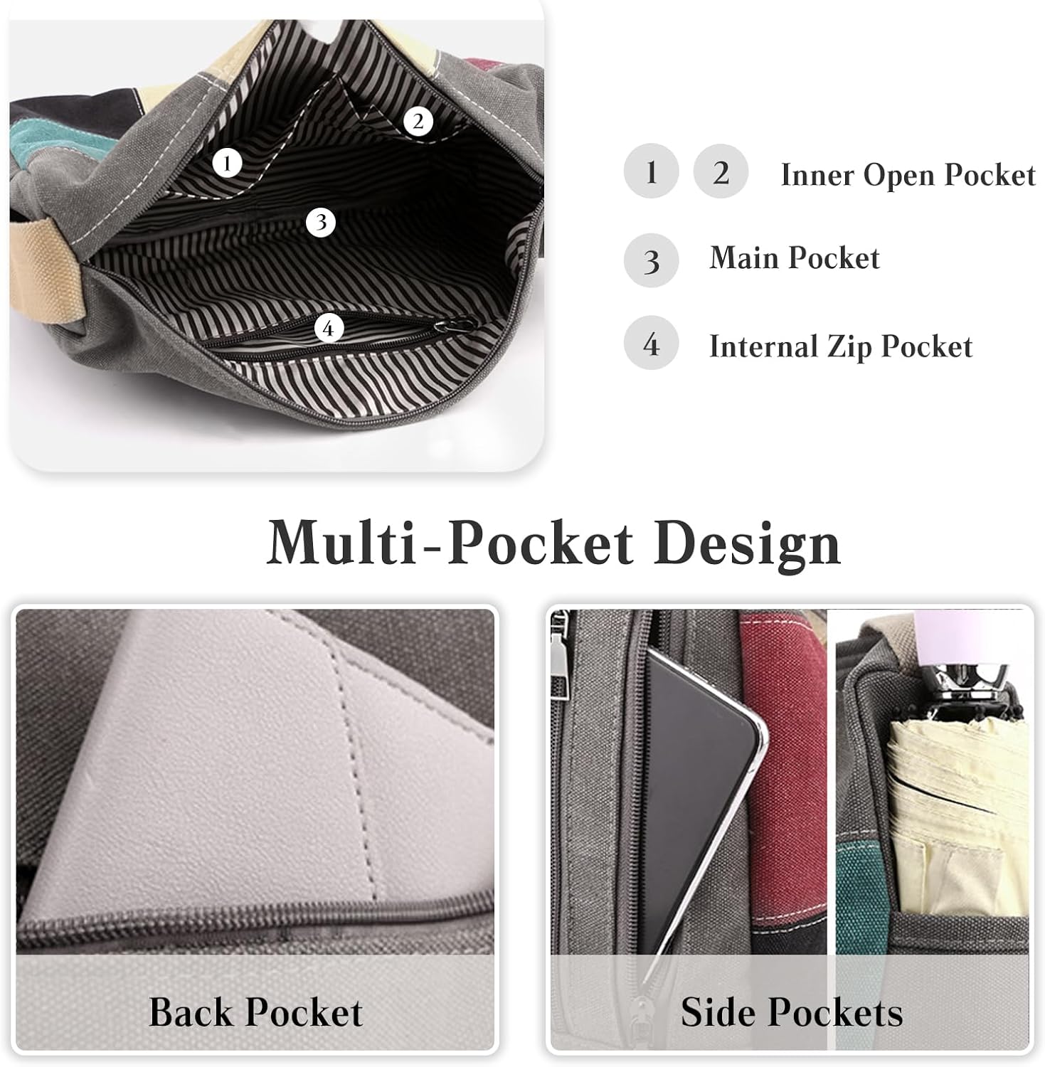 Women Canvas Shoulder Multi-Color Splice Crossbody Large Top Handle Multi-Pocket Tote Handbag Satchel - Image 5