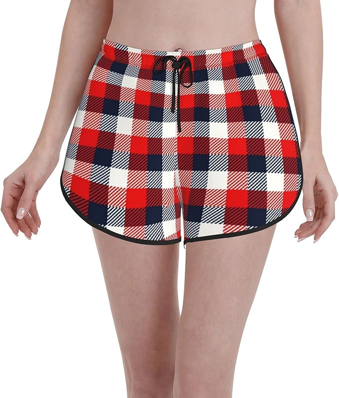 Comfortable Casual Board Shorts for Women Girls,Red Plaid,Checkered Vintage Square Design Tartan