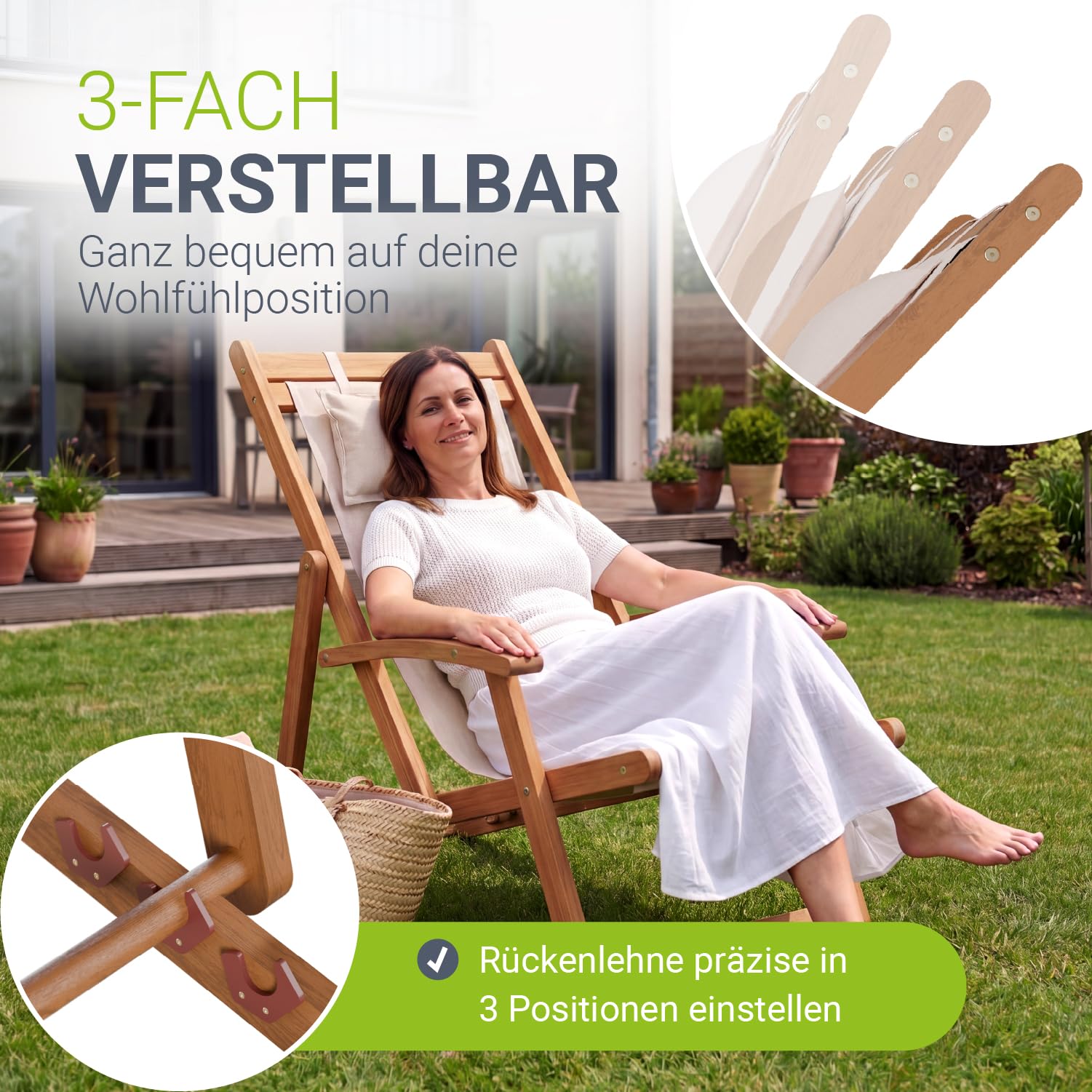 Juskys® Sonnenliege Tavira Creme - Klappbar, 3-Fach verstellbare Rückenlehne, mit abnehmbarem Kopfpolster, wetterfest, geöltes Akazienholz, 6 kg