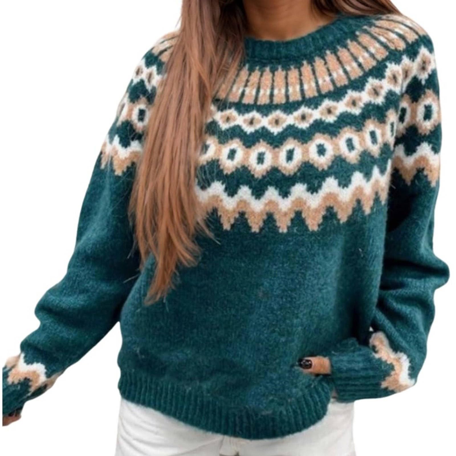 Pull Norvégien Femme Hiver - Col Rond, Motif Jacquard, Oversize - Chaud Et Confortable Pour Automne/hiver