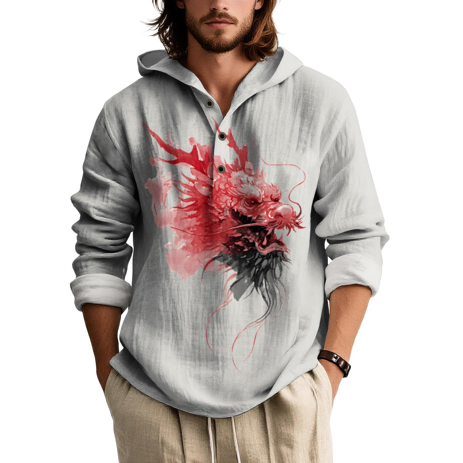 Mens Long Sleeve Print Shirt Stand Collar Button Down Lightweight Oriental Style Fashion Top for Spring Summer