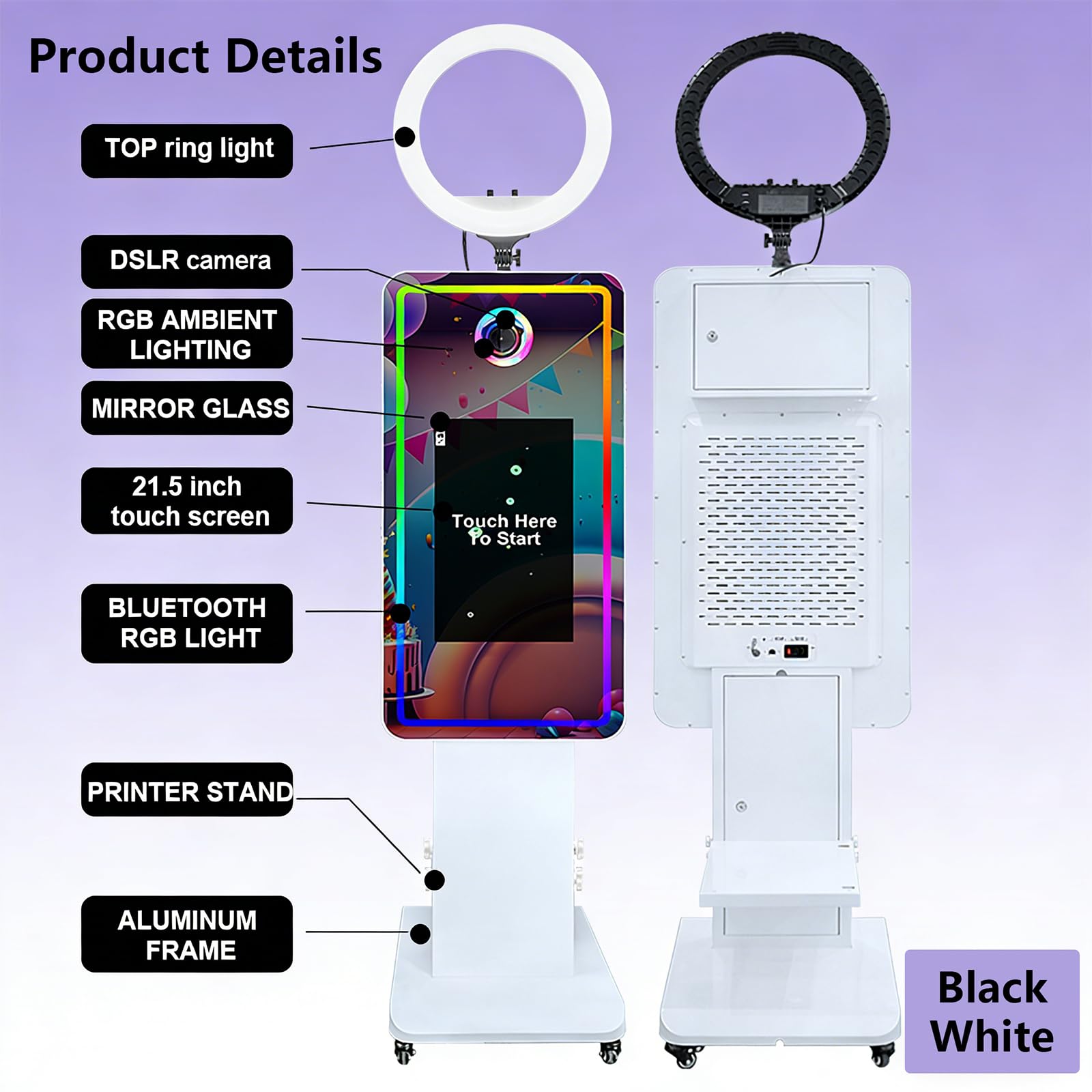 Cabina fotografica a specchio magico con touch screen da 21,5 pollici, macchina fotografica con luce RGB, stampa e condivisione di idee per feste a noleggio (bianco, macchina per foto e foto)