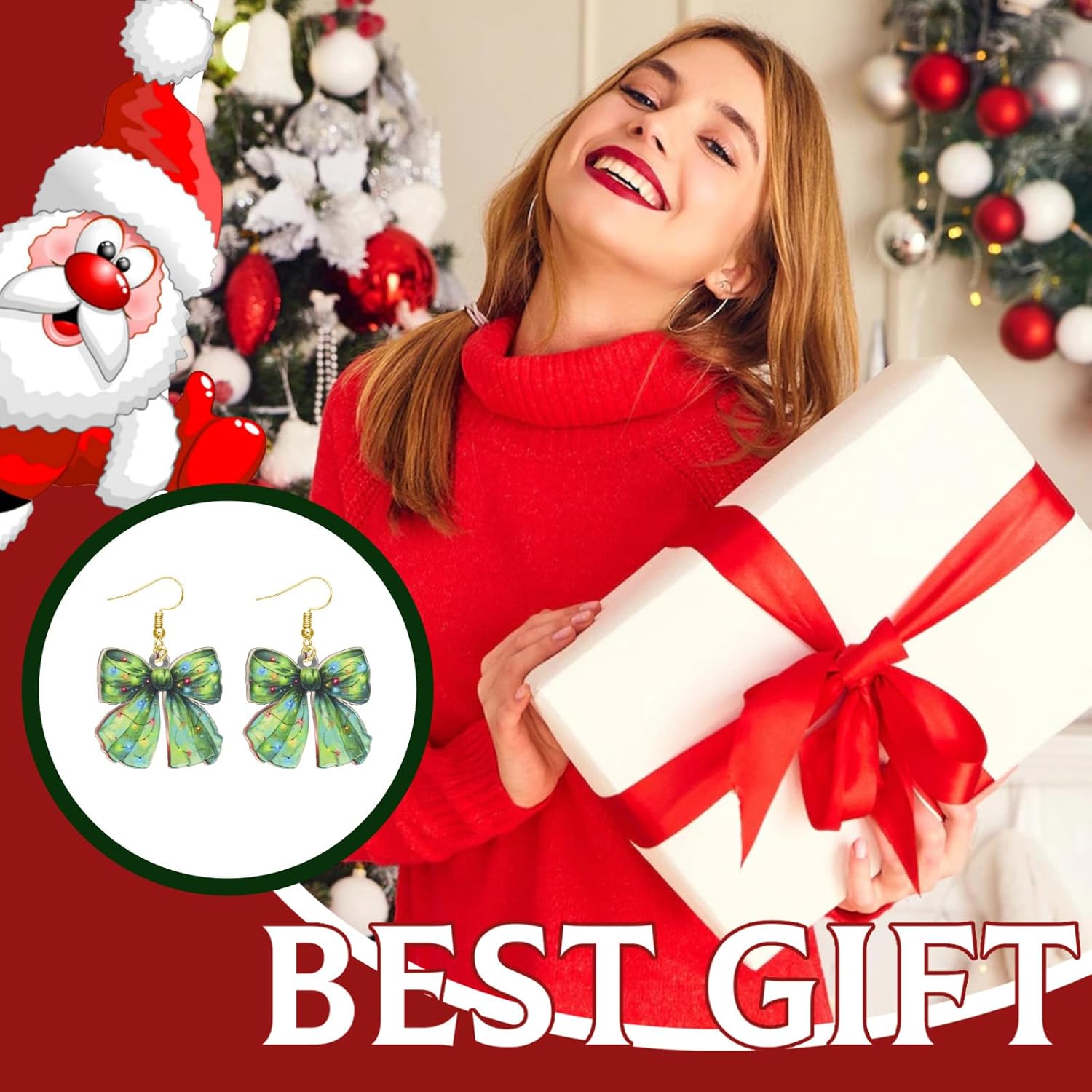 Christmas Earrings for Women Holiday Earrings Red Green Bow Reindeer Cherry Dangle Acrylic Jewelry Gifts - Image 3