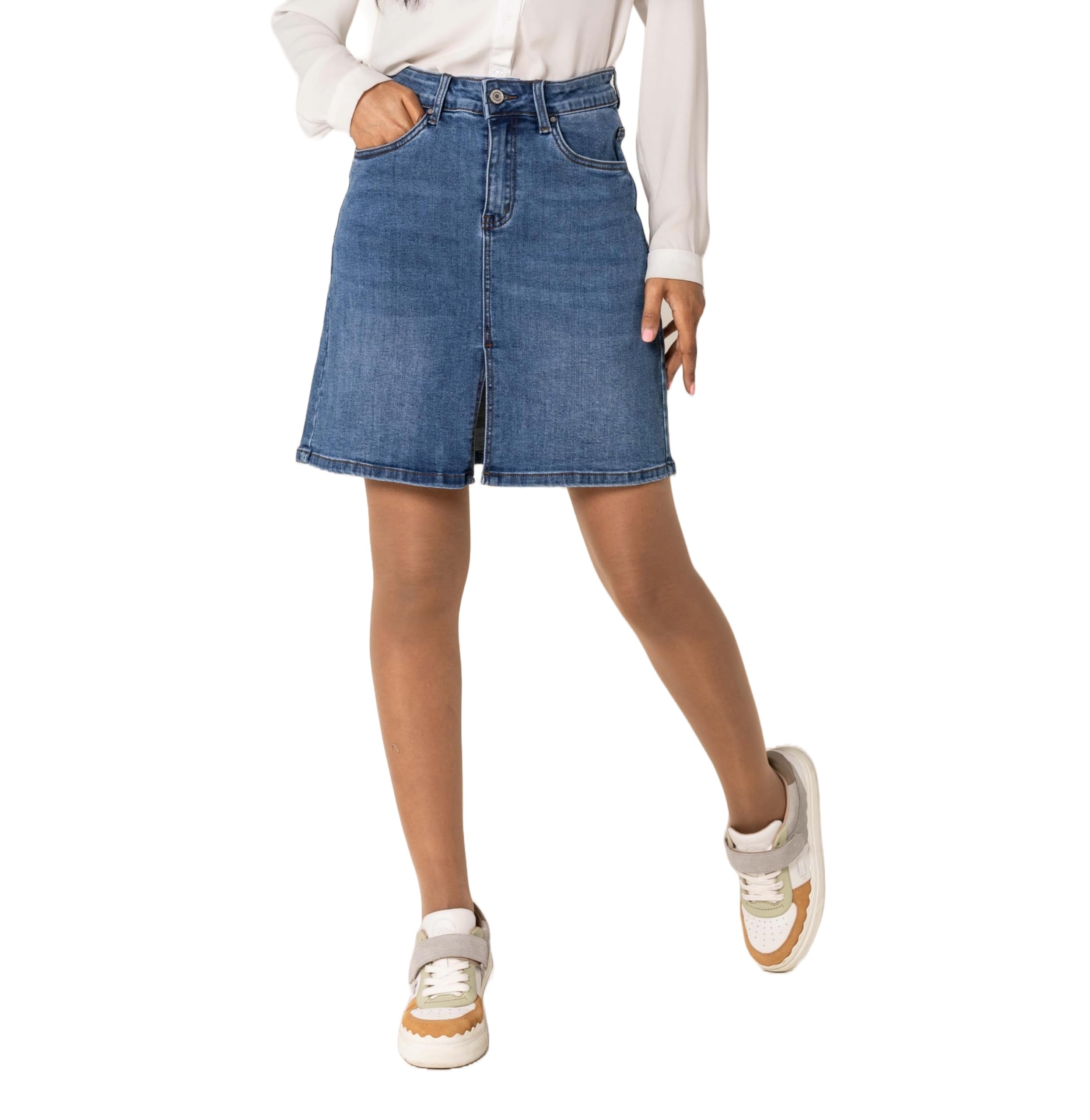 Nina Carter P213 Falda vaquera corta para mujer, con abertura frontal, cremallera elástica, aspecto desgastado