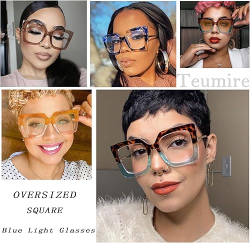 Miniatura 4 de Teumire Gafas cuadradas de gran tamaño con bloqueo de luz azul para mujer, gafas gruesas de moda con incrustaciones de perlas para el brazo,