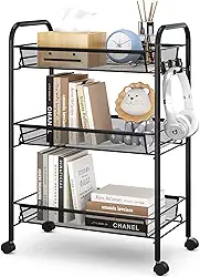 TOOLF Carrinho de rodinhas de metal de 3 camadas, carrinho utilitário de montagem fácil de arame, carrinho de armazenamento sobre rodas com 3 ganchos, prateleiras de armazenamento de metal para
