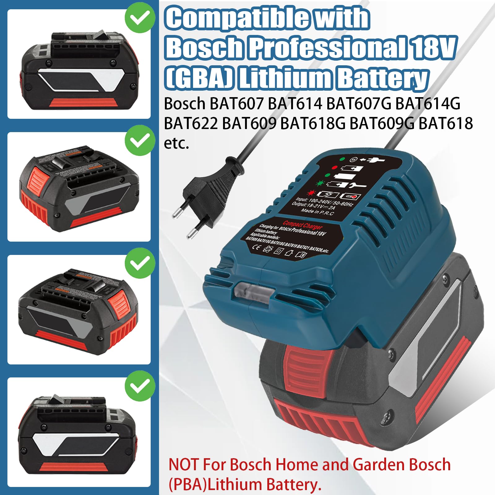 220V pour Chargeur de Batterie Bosch Professional 18V, GAL1880CV, Remplacement pour Batterie Bosch GBA 18V BAT609 BAT610G BAT618G BAT619 (sans batterie)