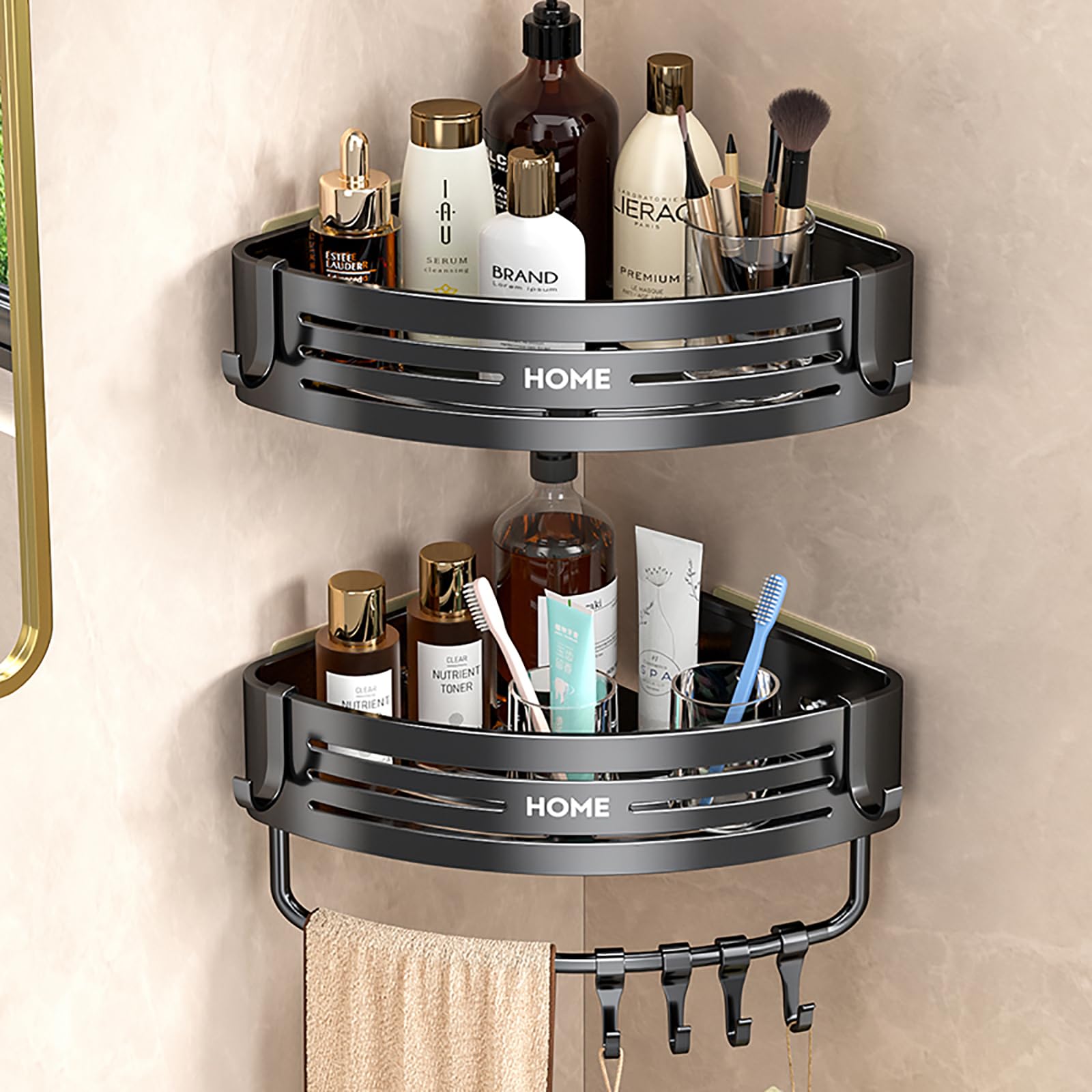 SOMIVOT 2 Shelf Adhesive Corner Shower Caddy - With Towel Bar And 6 Hooks Heightened thickened Rust-Proof Aluminum