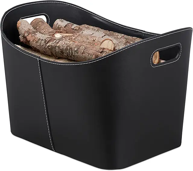 Relaxdays XL Wood Basket with Handles - Sturdy Firewood & Magazine Storage in Black