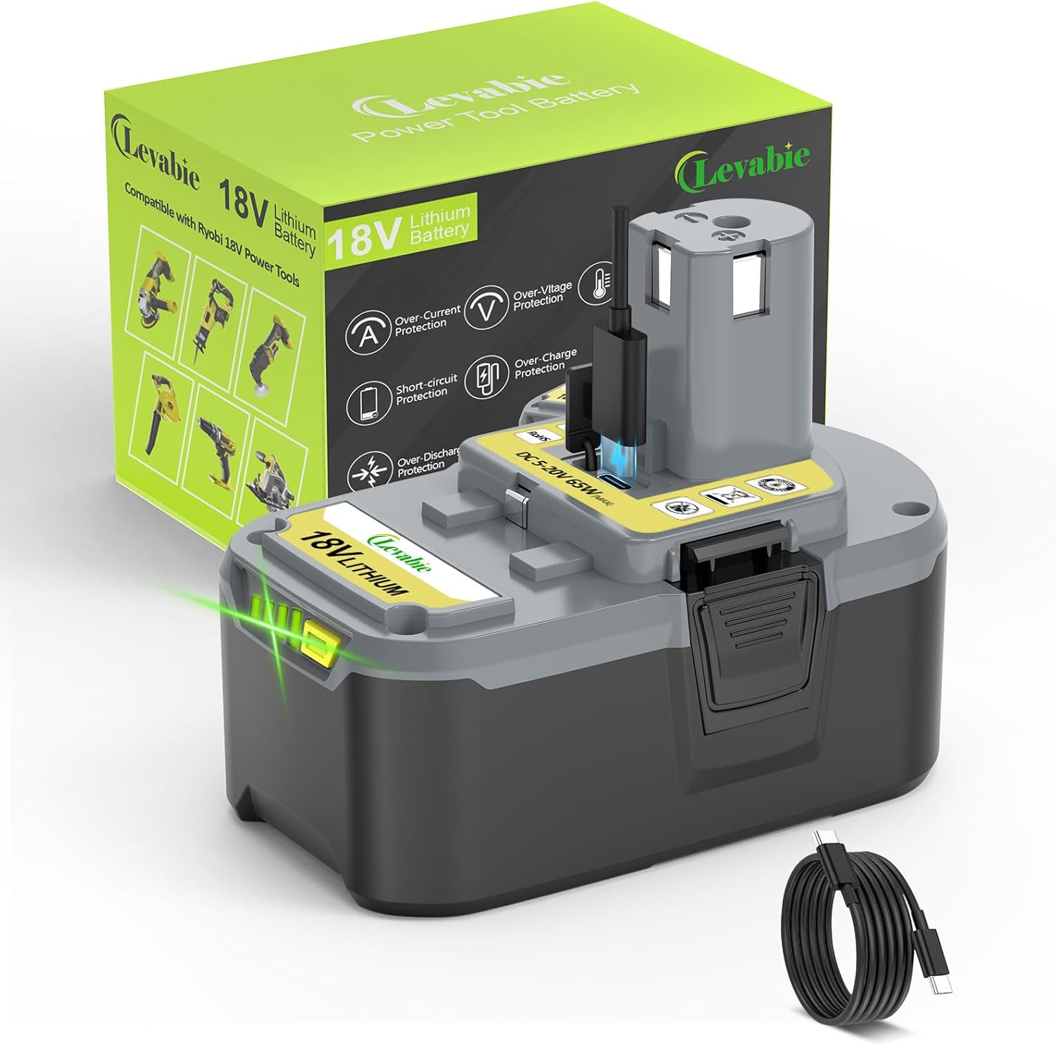 【USB-C Fast Charging】 Replacement for Ryobi 18V Battery with USB-C Input/Output Port 65W, Compatible with Ryobi ONE+ Plus 18V Battery P108 P102 P103 P104 P105 P107 P109