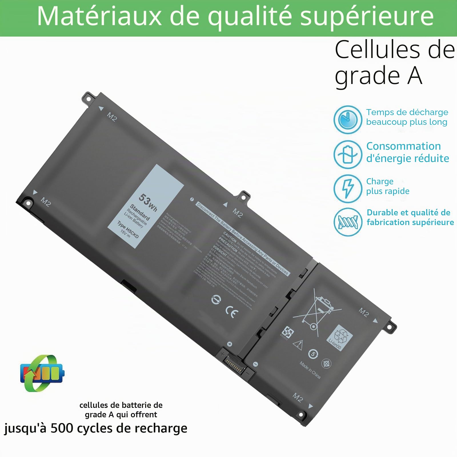 53Wh H5CKD Batterie compatible avec Dell Inspiron 5400 5406 7405 7300 7306 7500 7506 2-en-1 Argent 5300 5301 5401 5402 5408 5409 5501 5502 5088 5085509 Series Latitude 3120 3410 3510 Vostro 5501 5402