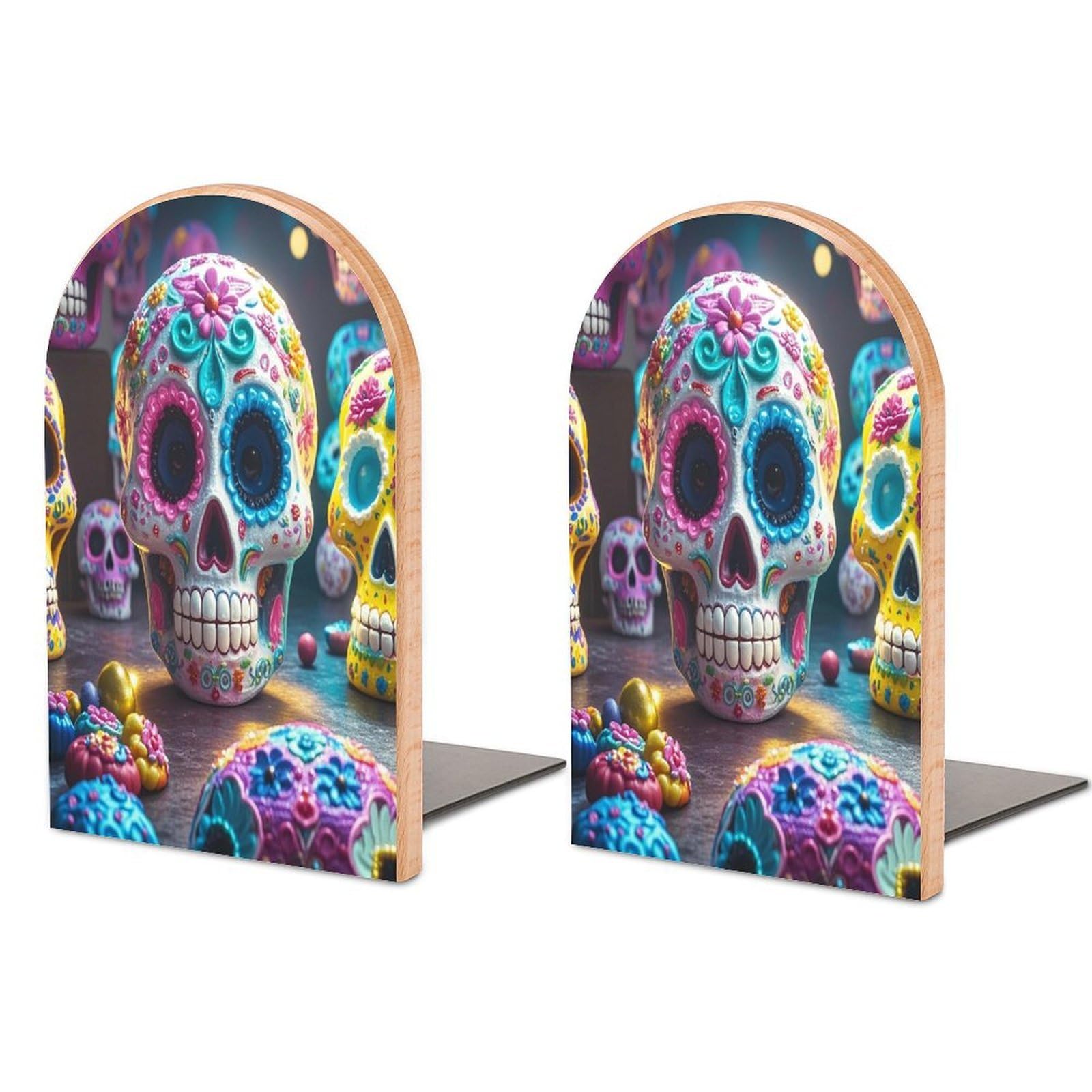 Sugar Skulls Bookend for Shelves Unique Book End Sturdy Books Holder Heavy Duty Wooden Bookends Support Non-Slip Book Organizers Decorative Modern Bookend Holder for Home