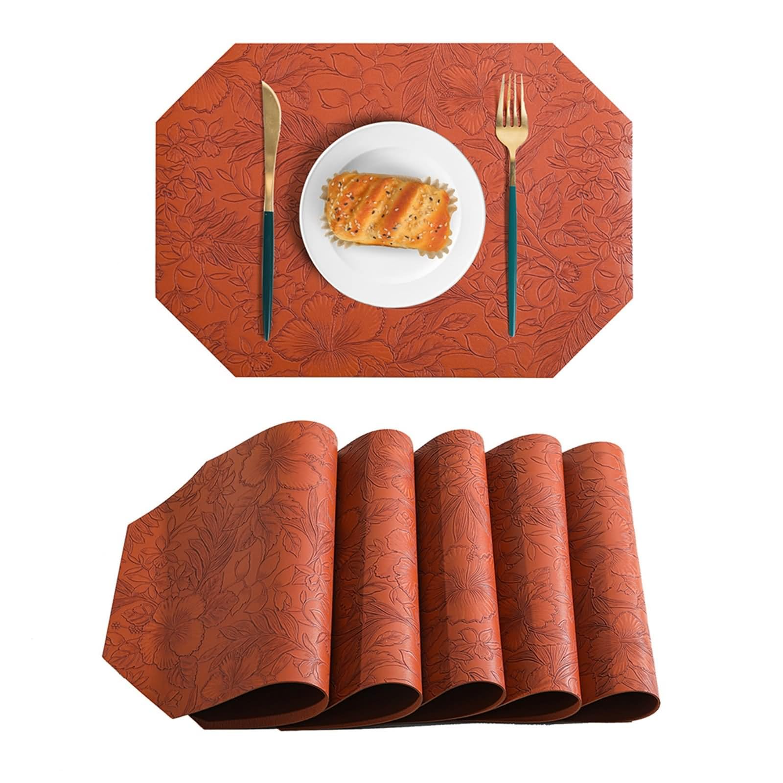 Set di 10 tovagliette all'americana marroni per feste, 43 x 30 cm, ottagonali con motivo floreale in pelle