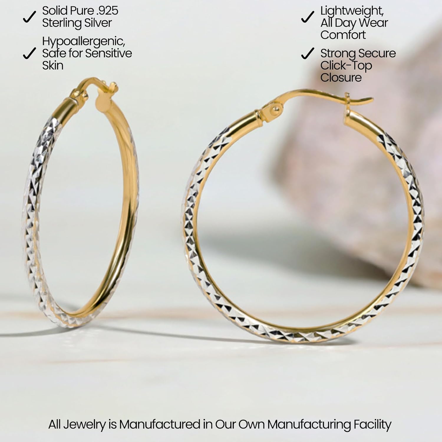 Hoops & Loops 925 Sterling Silver Two-Tone Diamond-Cut Hoop Earrings for Women| Hypoallergenic 14k Yellow Gold, Rose Gold Flash Plate & Silver 2mm Click-Top Hoops, 25mm - 50mm - Image 3