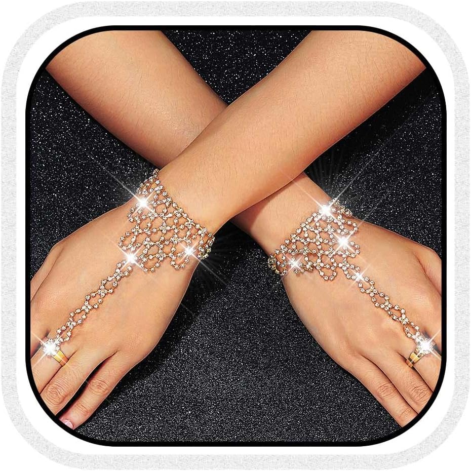 CASDRE Rhinestone Fingerless Gloves Sparkly Crystal Wedding Glove Bridal Hand Chain Accessories for Women