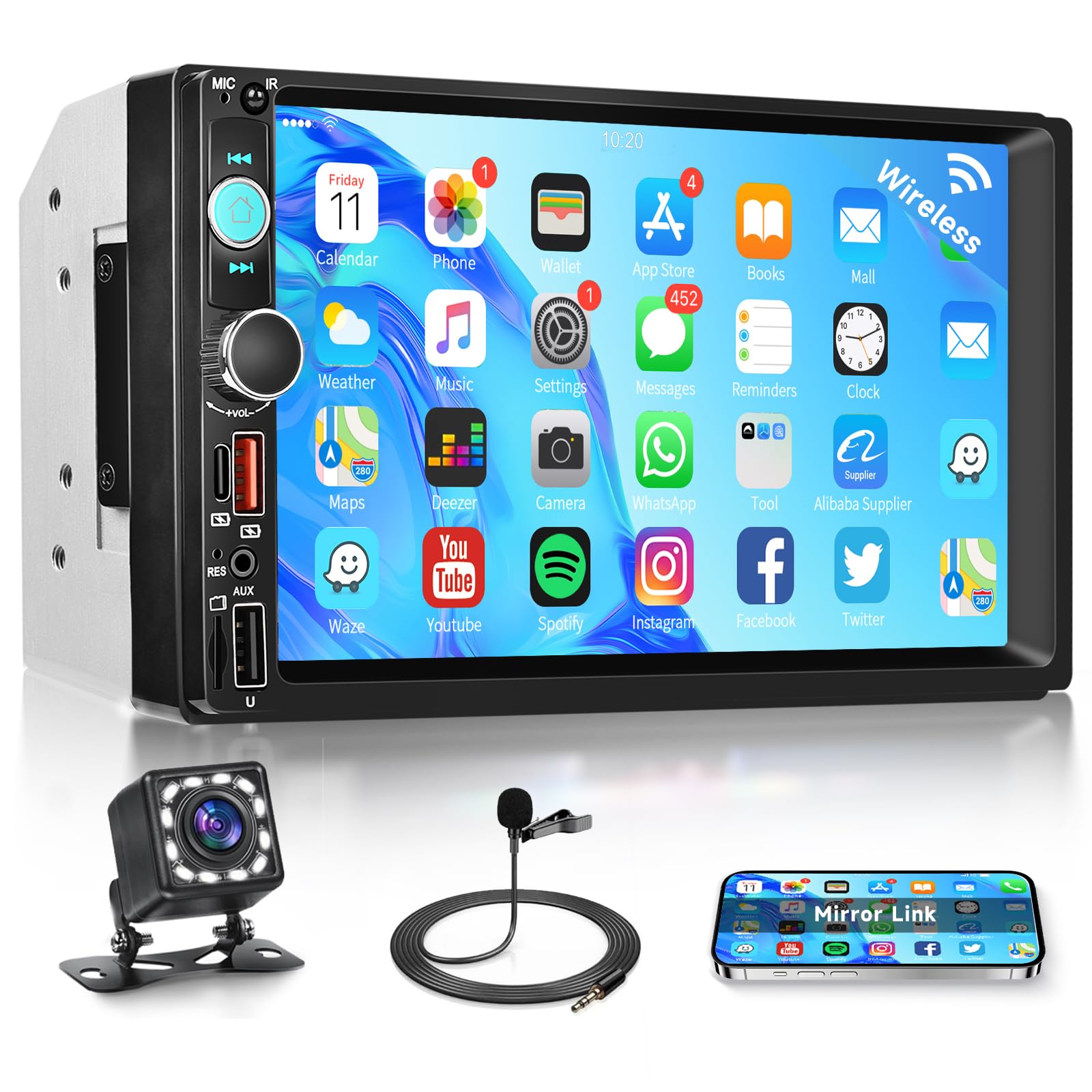 VECHTEL 7 Zoll Autoradio mit Airplay Android Cast,FM Radio 2 Din mit Bluetooth,Mirror link,EQ,USB/TF/AUX,IPS Touchscreen Autoradio mit Rückfahrkamera/Lenkradsteuerung
